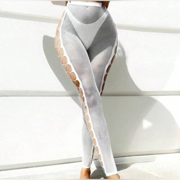 Hot! Mesh CutOut White Pants Free Size OS - Picture 2 of 3